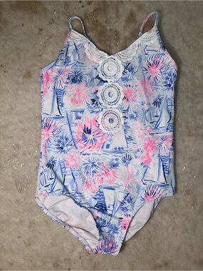 Lilly Pulitzer Girls' Floral Sailboat One-Piece Swimsuit - Pink & Blue